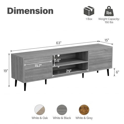 YESHOMY Mid-Century Modern TV Stand - 63 Inch Light Gray Entertainment Console for 65-70 Inch TVs