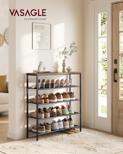 VASAGLE 5-Tier Shoe Rack - Rustic Brown Metal Mesh Organizer for 18-24 Pairs, Adjustable Shelves
