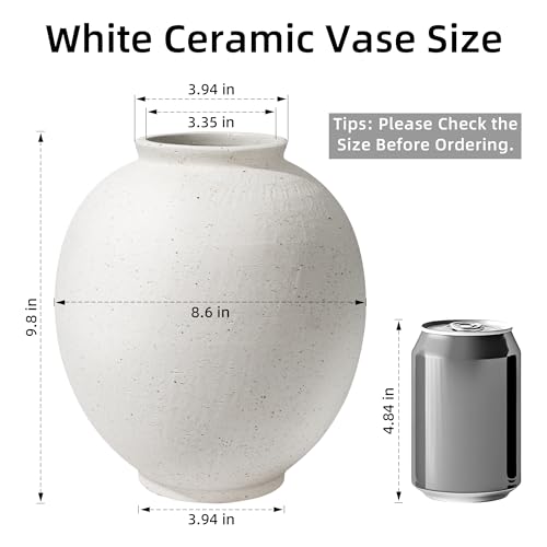 Large White Ceramic Vase - 9.8 Inch Rustic Farmhouse Flower Pot with Sandstone Texture - Indoor Table & Floor Decor - Variation: White