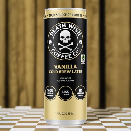 Death Wish Coffee Vanilla Cold Brew Latte 12 Pack - Fair Trade Colombian Coffee, Ready-to-Drink