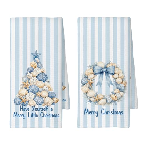 Blue Coastal Shell Christmas Kitchen Towels 16x24 Set of 2 - Color 01