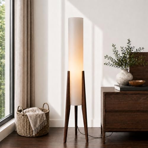 Walnut Wabi-Sabi 50-Inch Wooden Tripod Floor Lamp with Paper Lantern Shade