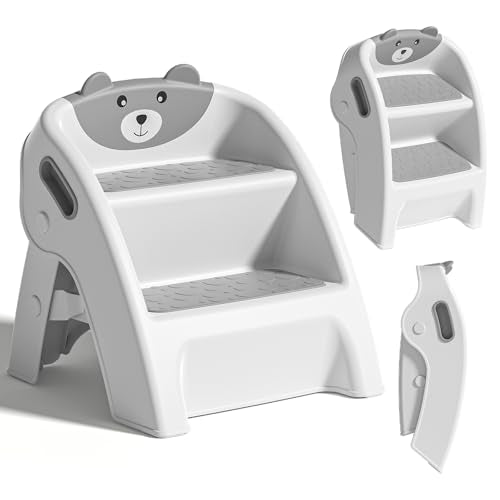 Toddler Step Stool for Bathroom Sink & Potty Training Gray - Anti-Slip & Anti-Tip, 2-Step, Foldable, 10-Second Assembly