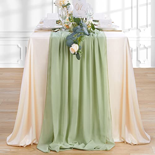 Sage Green Table Runner 27x120in Chiffon 1pc with White Ribbon – 10ft Wedding Decor
