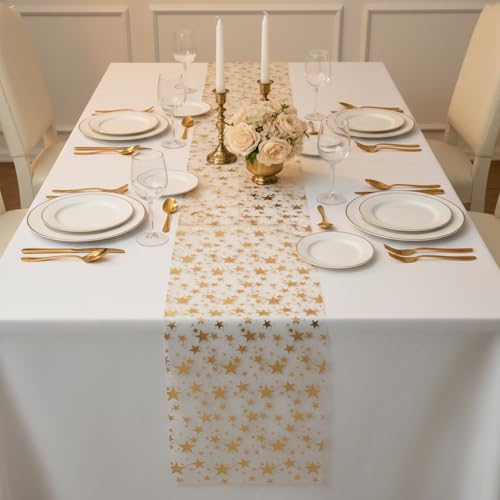 Gtziqa Gold Star Table Runner 32.8 ft – 11" x 32.8 ft Polyester Glitter Sequined