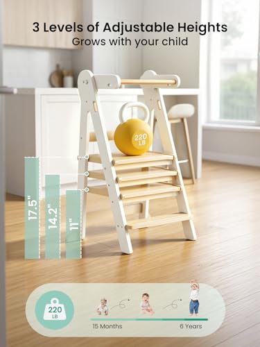 GROWNSY White Foldable Toddler Step Stool with Safety Lock & Compact Storage