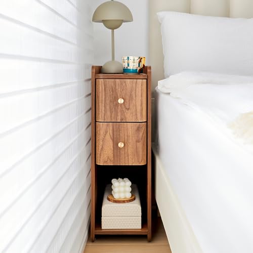 Narrow Nightstand Set of 2 - Walnut Wooden Small 2 Drawer End Tables - Mid Century Modern Slim Bedside Storage Variation of THIS listing