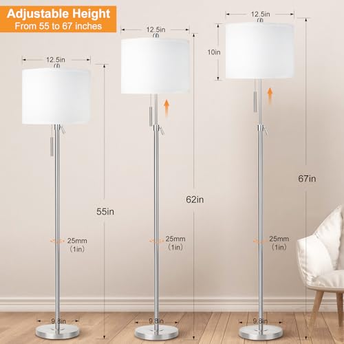 Nickel Floor Lamp with White Shade - Adjustable Tall Reading & Living Room Light - 55-67 Inches