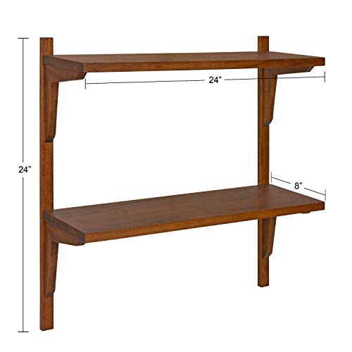 Walnut Mid-Century Wall Shelf - 24x8x24 Inch Double Tier Storage & Display