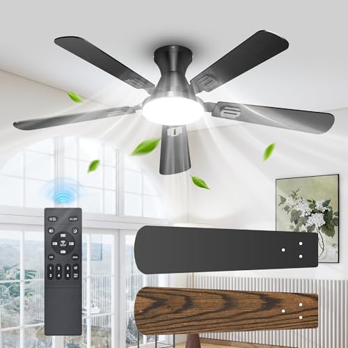 52-Inch Ceiling Fan with Lights and Remote Control - Black/Wood Grain Flush Mount