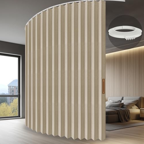 Jilron Accordion Room Divider with Ceiling Track - Beige 180" W x 84" L, Retractable Partition