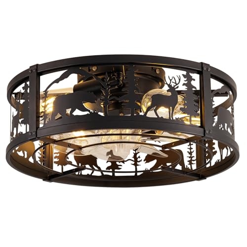18 Inch Rustic Farmhouse Ceiling Fan with Light and Forest Animal Silhouettes