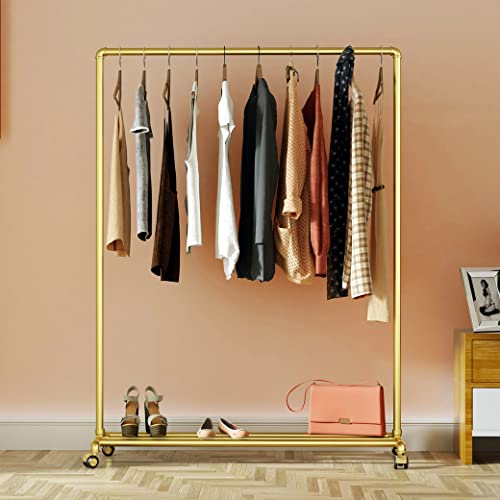 Clothing Rack with Bottom Shelf 47"L - Gold Heavy Duty Garment Rack on Wheels