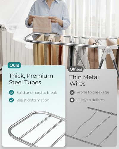 SONGMICS Foldable Metal Clothes Drying Rack White 51.2" W x 39" H, Adjustable Wings, Heavy Duty, Space-Saving Laundry Organizer