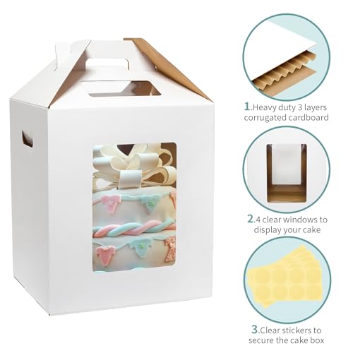 Tall Cake Boxes 14x14x16 Inches with Cake Boards - 3 Pack for Tiered Cakes