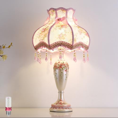 Pink Fabric Shade Table Lamp with Antique Flower Decor - Handmade Night Light for Bedroom