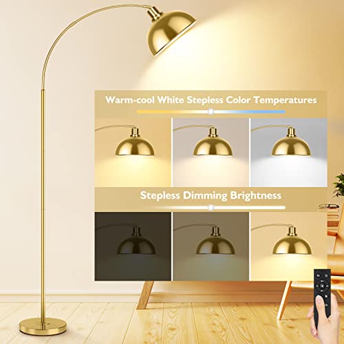 Gold Arc Floor Lamp for Living Room & Bedroom - Dimmable Over Couch Reading Lamp with Remote Control