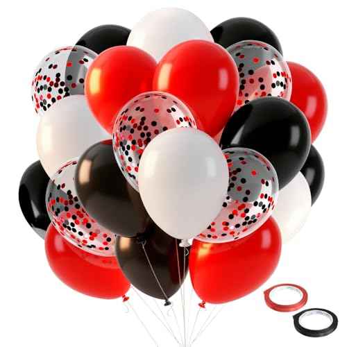 Red White and Black Balloons 12 Inch Black Red Confetti Party Decoration Balloons with Ribbons for Birthday, Wedding, Baby Shower, Anniversary, Casino Theme, Graduation Party Supplies