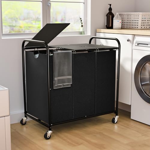 Black 3-Section 180L Rolling Laundry Sorter with Lid and Wheels
