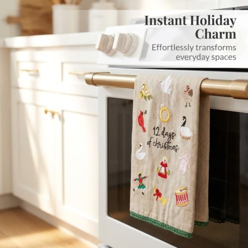 Mud Pie 12 Days of Christmas Embroidered Kitchen Towel, 21x14in Chambray