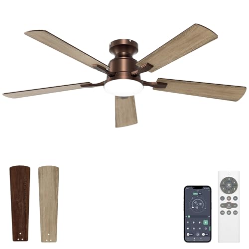 52 Inch Ceiling Fan with Lights - Brown Flush Mount, Remote & App Control, Dimmable LED, Reversible & Quiet Motor