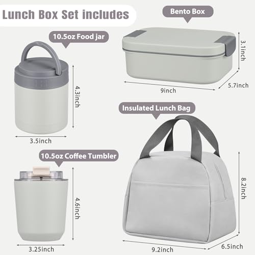 Gray Large Bento Lunch Box Set for Adults & Kids with Soup Thermo & Tumbler