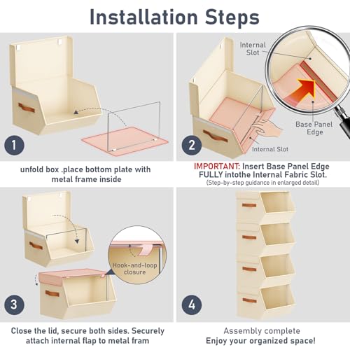 Beige Stackable Closet Organizers and Storage Bins - 4 Pack, 11.4 x 12.6 x 9.8 Inches