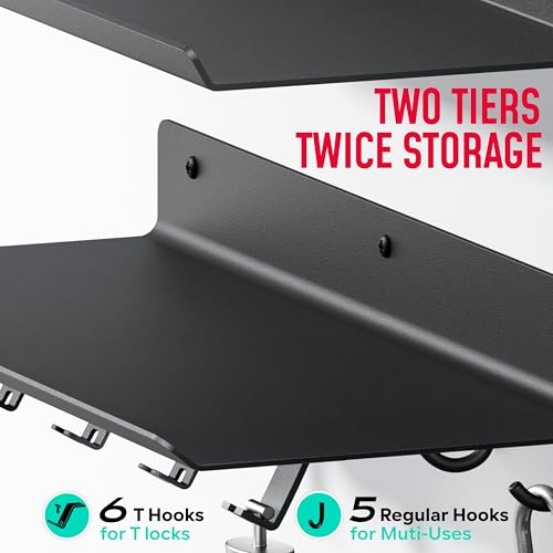 2-Tier Floating Wall Shelf for Gym Accessories with Hooks - Black