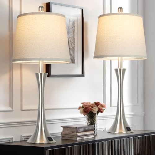 Rinweey 27.5" Silver Set of 2 Touch Bedside Table Lamps with USB-C & A, Dimmable Nightstand Lights with Beige Shades, Bulbs Included