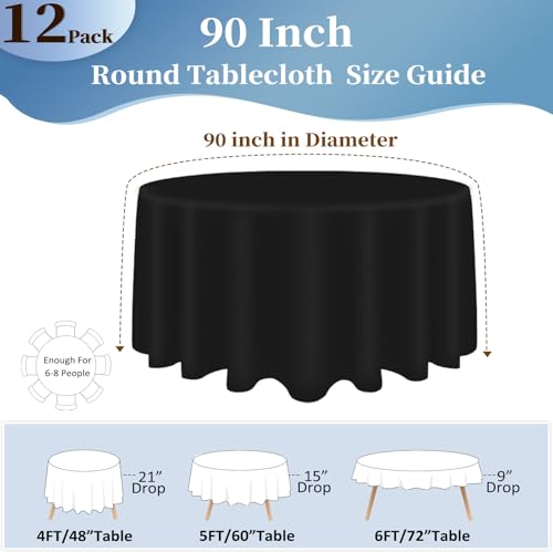 Pepmily 12 Pack Black 90 Inch Round Tablecloth for 36-72 Inch Tables, Elegant & Reusable