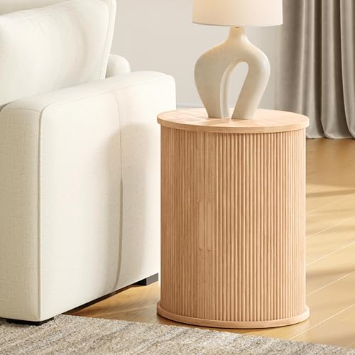 Oak Round End Table with Fluted Panel and Sliding Door - Mid Century Modern Boho Nightstand