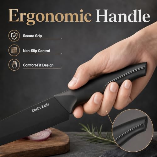 Black 14-Piece Kitchen Knife Block Set with Built-In Sharpener - Includes Steak Knives & Scissors