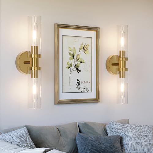 Rayogale 16.5 Inch Gold Battery-Operated Wall Sconces with Clear Lampshades, 2 Pack