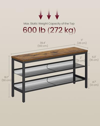 VASAGLE Rustic Brown & Matte Black 3-Tier Shoe Rack Bench with Raised Edges