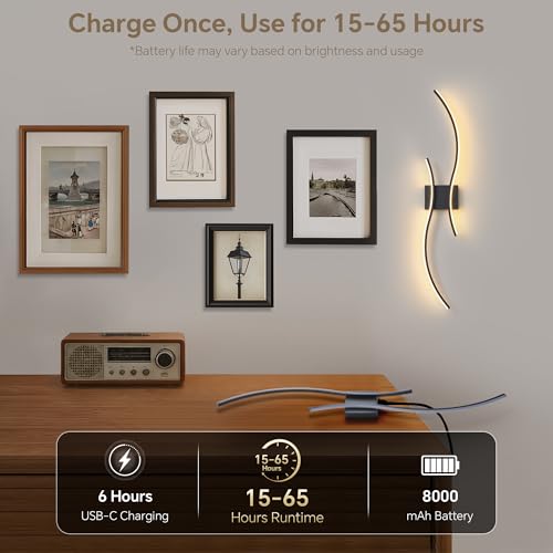 GLOTHOR Black Arc 31.5 Inch Rechargeable Dimmable LED Wall Sconces Set of 2 with Remote
