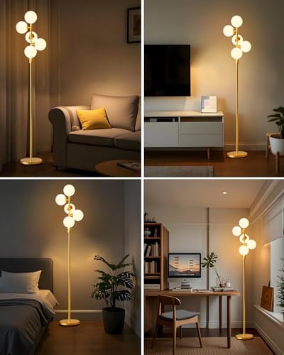 Lightdot Gold Globe Floor Lamp - Dimmable Mid Century Modern Standing Lamp with 5 Bulbs