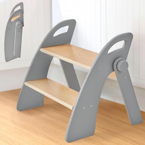 Foldable Wooden Toddler Step Stool with Handles & Non-Slip Pads - Grizzly