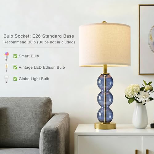 Blue Glass Modern Table Lamp Set of 2 with USB Charging Ports - 25 Inch Bedside Lamps for Living Room & Bedroom