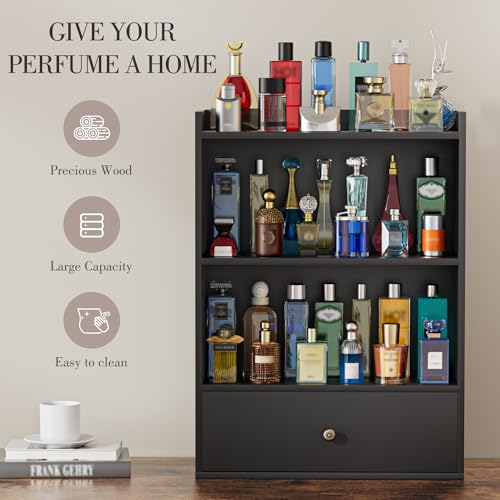 Wooden 3-Tier Cologne Organizer for Men with Drawer - Perfume & Accessory Storage