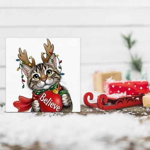 Cat Christmas Wood Box Sign Decor Xmas Cat Block Sign Christmas Holiday Home Table Desk Shelf Decoration