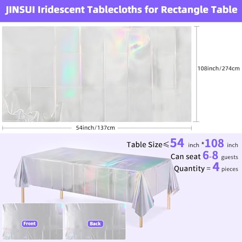 JINSUI Iridescent Tablecloth Party Decorations 4 Pack, 54" X 108" Plastic Tablecloths Disposable for Birthday Disco, Silver Laser Rectangle Table Covers for Bachelorette Bridal Wedding Decor