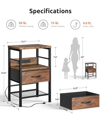 Rustic Brown Nightstands Set of 2 with Charging Station, Bedroom Night Stands