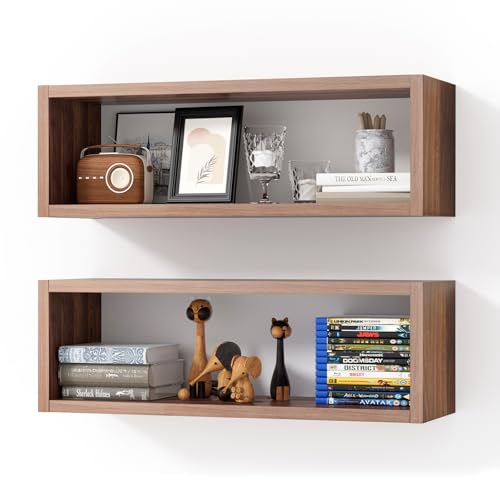 Floating Cube Shelves Set of 2 - Dark Walnut Rectangle Wall Mount Storage