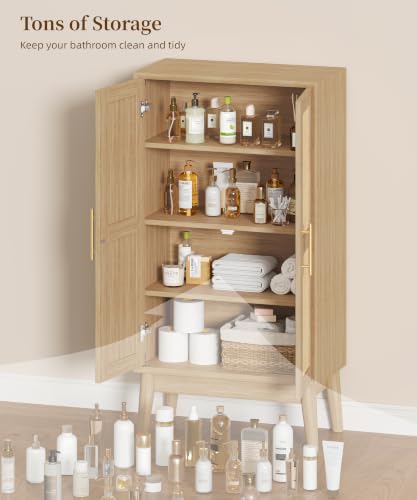 Tall Bathroom Storage Cabinet with Doors - 43 Inch Rattan Cabinet, Natural Oak Finish