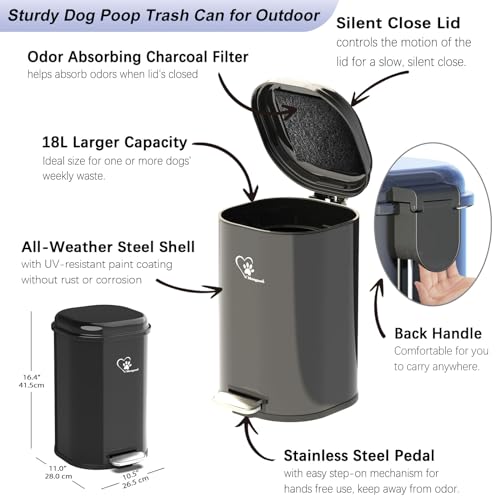 Black 18L Dog Poop Trash Can with Lid & Odor Control - Portable Waste Bin