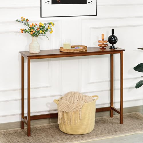 Walnut Bamboo Narrow Console Table 39.4 Inch Entryway Side Table for Small Spaces