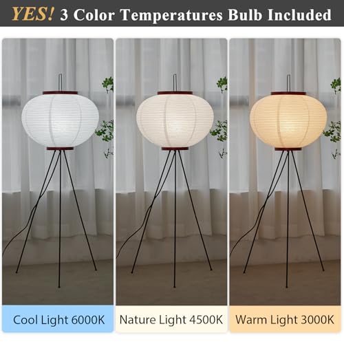 Japanese Rice Paper Floor Lamp W18xH48 Inches - White Akari Noguchi Style with 3CCT Bulb Included