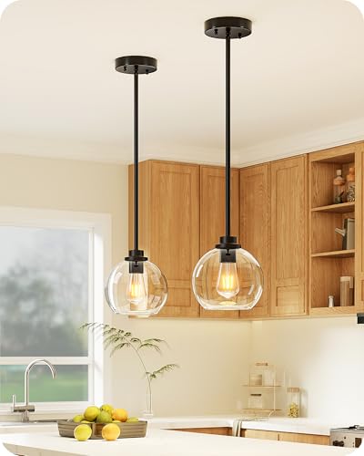 EDISHINE 2-Pack Pendant Lights for Kitchen Island, Clear Glass Globe, Black