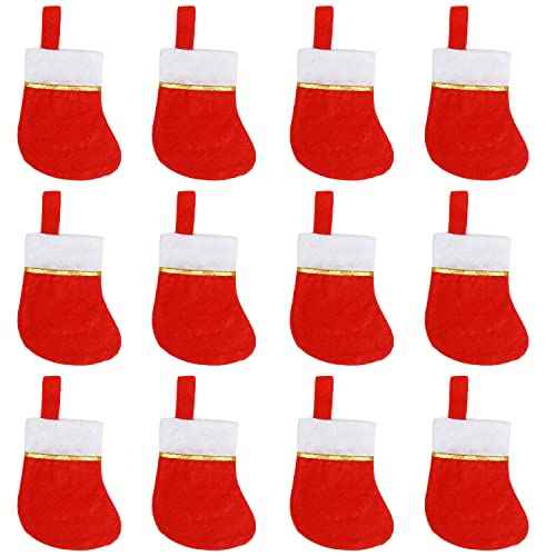 FOIMAS 24pcs Mini Christmas Stockings,Red Felt Christmas Stockings Socks Tableware Holder for Christmas Tree Fireplace Table Home Decoration