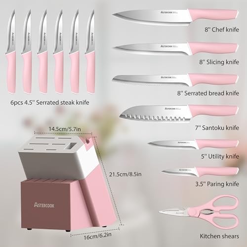 Pink 15-Piece Kitchen Knife Set with Block & Sharpener - High-Carbon Stainless Steel